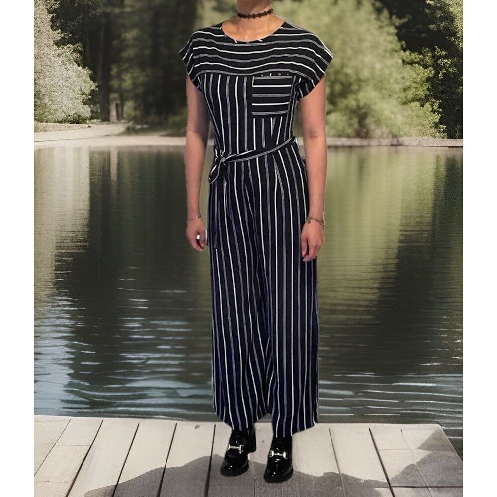 Chic Monteau Women’s Blue White Striped Maxi Jumpsuit Pocket Boho beach Sz XL